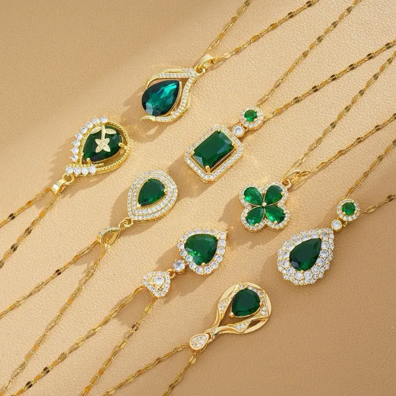 Crystal Necklace for Women, Gold Teardrop Emerald Charm Birthstone Anniversary Jewelry for Her, Birthday Necklaces for Mother Wife Grandma BFF