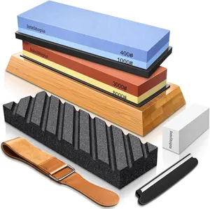 Complete Knife Sharpening Stone Set – Dual Grit Whetstone 400/1000 3000/8000 Knife Sharpener with Leather Strop, Flattening Stone, Bamboo Base, 3 Non-slip Rubber Bases & Angle Guide