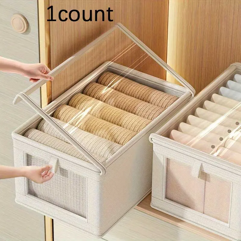 Clothes Storage Box, 1 Count Foldable Clothes Storage Organizer with Clear Lid for Bedroom and Wardrobe, Home Organizer, Fabric Storage Organizer, Clothes Storage Chest, Closet Organization, Closet Organizers