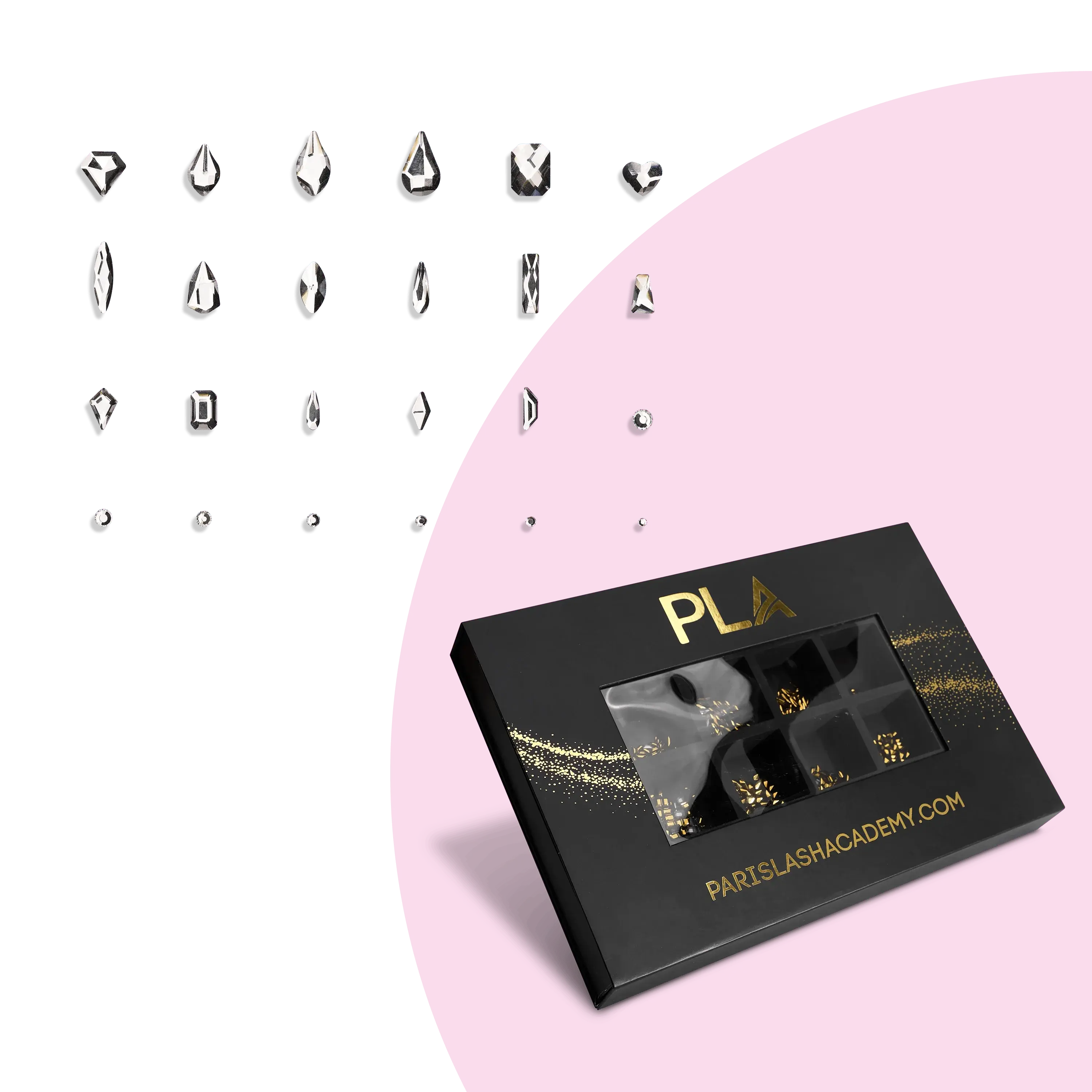 PLA Nail Gems Box | Rhinestones | 24 Unique Shapes | 10 Shades Available | Top Coat + Wax Pen Included!