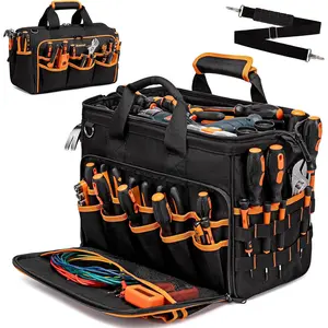 17-Inch Electrician Tool Bags for Men, 46-Pocket Heavy Duty Tool Bag, Foldable Hvac Tool Bag Organizer with Wide Mouth & Adjustable  Strap for Electricians Mechanics Craftsman Contractor