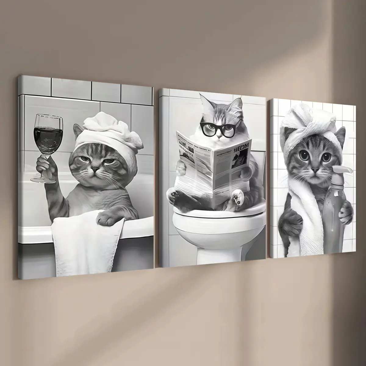 3-count wooden frame canvas, fun theme creative posters for animal bathrooms, perfect living room and bedroom decoration, fashionable family posters, Aesthetic Wall Decor, modern wall art, Artistic Artwork, Decoration Items