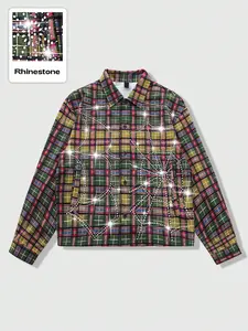 Men's plaid shirt, adorned with rhinestones, long sleeves, Fitted, Casual, Stylish, American urban style.
