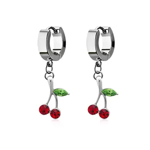Dangling Cherry Huggie Hoop Earrings - Pair - Stainless Steel