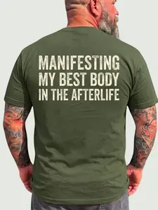 Men's Breathable Relaxed Fit Short-Sleeve T-Shirt - "Manifesting My Best Body In The Afterlife" Dark Humor Printed Top, Retro 70s Grunge Y2K Streetwear, Casual Daily Menswear Gift for Dad
