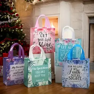 Floral Bible Verse Tote Bag Set, 32/64pcs Reusable Fabric Gift Bags for Christian Events & Gifts, Inspirational Non-Woven Totes for Women & Girls, Floral Design, Casual Shopping Bag, Handmade Tote Bag