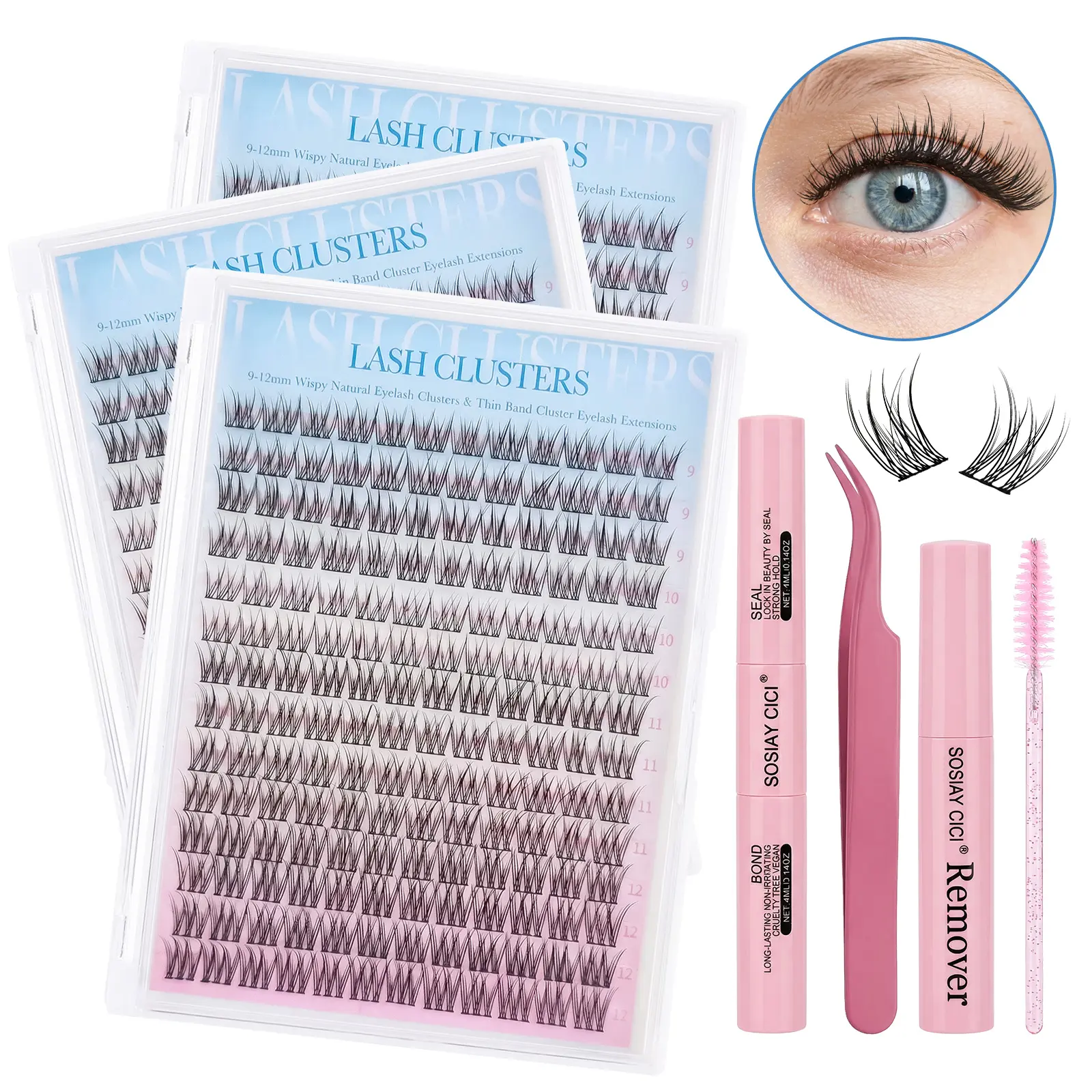 Lash Cluster Kit Wipsy Fluffy Eyelash Clusters 9-12mm C Curly Gently Fluffy Individual Lashes Kit Natural DIY Lash Extensions Kit Wispy Cluster Eyelash Extensions Kit with Lash Bond and Seal Remover Tweezers Makeup Cosmetic