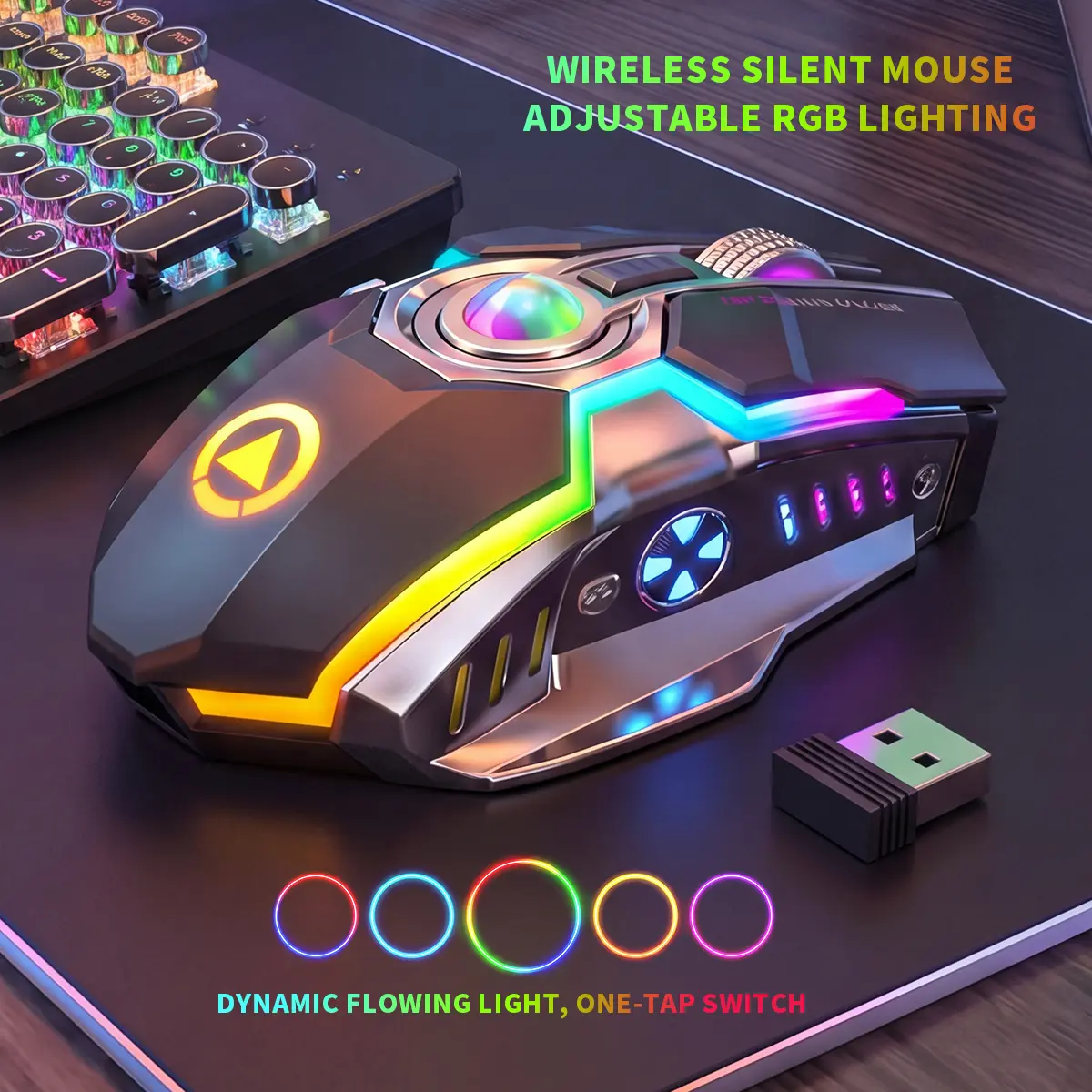 RGB Gaming Mouse Wireless, Rechargeable Silent Click Mouse with LED Lights, 2.4G Ergonomic Mouse for PC Laptop Desktop