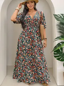 Plus Size Women's Summer Fitted Boho Dress, Ditsy Floral Pattern, Casual Style, Moderate Fabric Thickness, Age 35-44, Woven Material, No Border Print