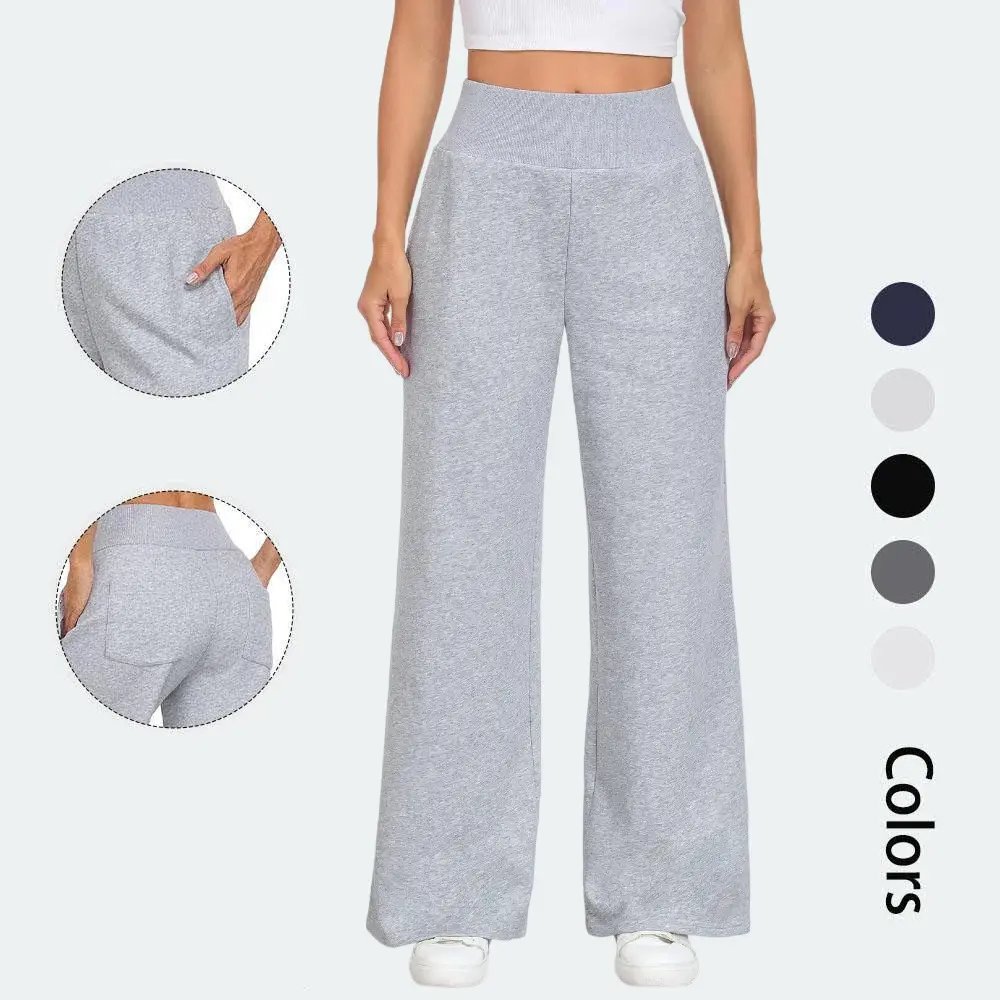 Women's Wide Leg Sweatpants Ribbed High Waist Straight Leg Baggy Lounge Pants Loose Workout Joggers with Pockets High Waisted Sportswear