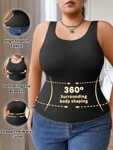 Women's Seamless Plus Size Underwear, Casual Comfortable Simple Style Tank Top, Wide Shoulder Straps, Outer Wear Women's Shapewear, Curve Hugging Compression, Tummy Control Shaper