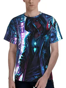 Men'S 3D Printed Cyberpunk Hooded Operative T-Shirt, Neon Cityscape Graphic Tee, Futuristic Tactical Gear Design with Glowing Blue Eyes And Holographic Skyscrapers, Lightweight Breathable Polyester Short Sleeve Casual Summer Top for Men S-3XL