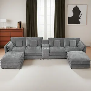 144" U Shape Sectional Cloud Sofa, 6-Seater Chenille Modular Couch with Movable Ottoman and Cup Holders for Living Room, Grey