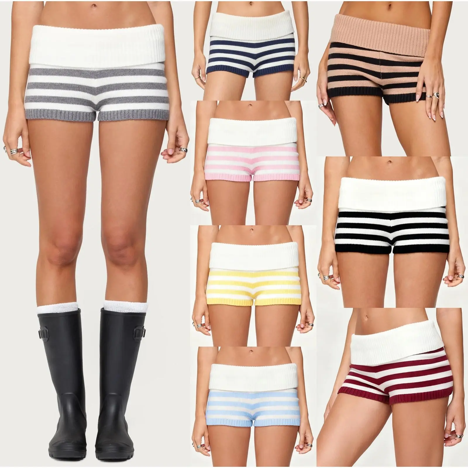 Women's Striped Knit Booty Shorts Fold Over High Waist Ribbed Waistband Y2K Low Rise Micro Shorts Summer Casual Lounge Short Pants