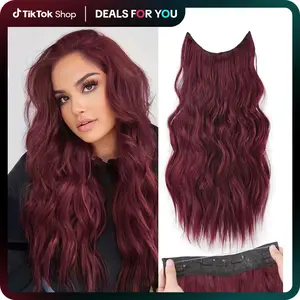 Invisible Wire Hair Extensions with Transparent Wire Adjustable Size 4 Clips Long Wavy Secret Hairpiece(20 Inch, Burgundy)