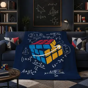 Rubik's Cube & Math Themed Flannel Blanket, Single-Sided HD Printed, Soft & Skin-Friendly Fabric, Lightweight & Multi-Purpose, Ideal for Napping, Picnics, Camping & Home Decor, All-Season Use, Great Gift Idea