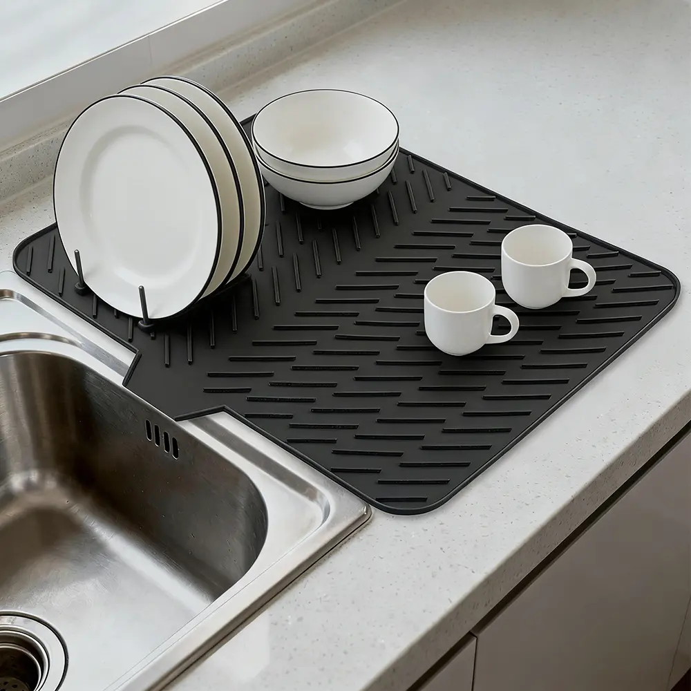 Reusable Spill-Proof Food-Grade Silicone Placemats & Coasters, Black 23x17in Heat-Resist Kitchen Mat - Durable Modern Non-Slip Sink Pad with Slope Shape Speeds Drying, Tableware-Friendly Hygienic Kitchenware Accessory, Reusable Silicone Placemats & Coaste