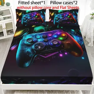 3PCS Trendy Gaming Fitted Sheet Set (1 Fitted Sheet + 2 Pillowcases, No Pillow Included) with High-Definition Digital Printing, Unlocks Gamers' Personalized Sleep Space, Cyberpunk Gamepad Design, Vibrant Gaming Controller Bedding Set