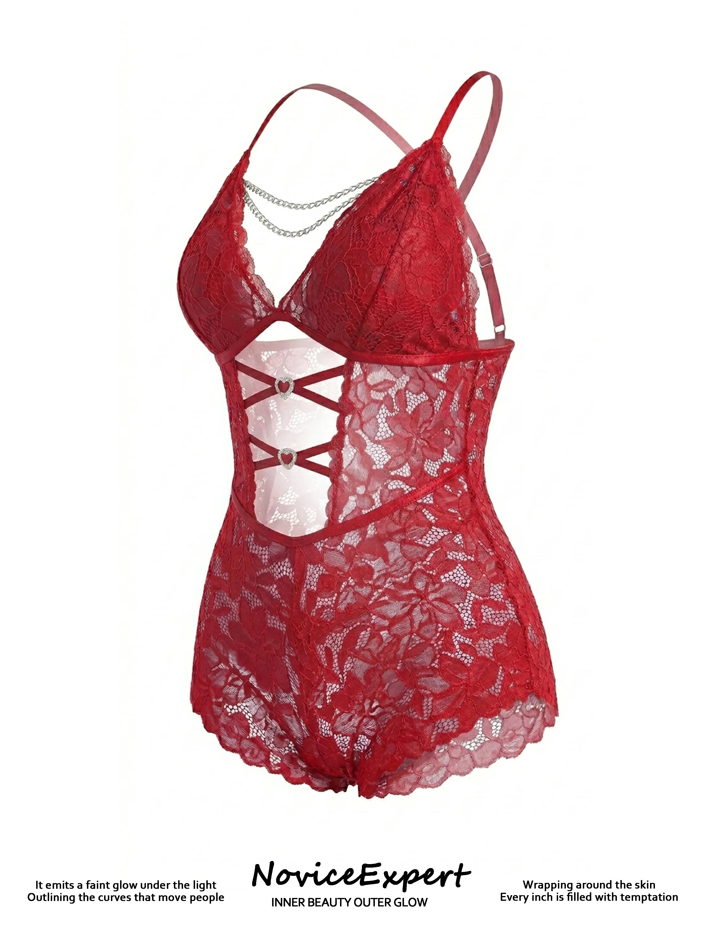 Women's Lace Hollow Out Romper, 1-Piece Lingerie Bodysuit with Chain Detail, Romantic Nightwear