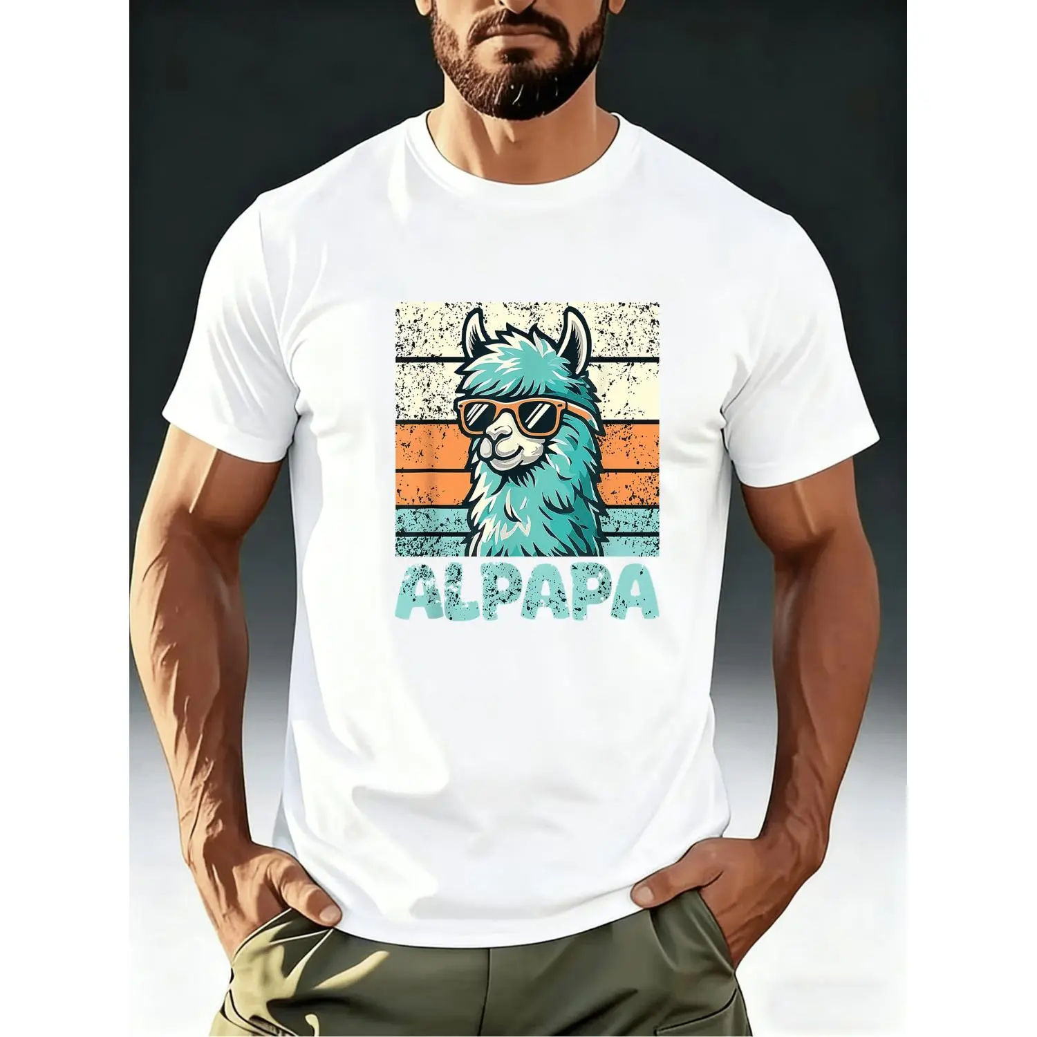 Women's Premium Cotton Casual Short-Sleeve Round Neck T-Shirt - Summer, Comfortable, Breathable, Quick-Dry, Vintage Fun Alpaca with Glasses on Worn Striped Backdrop, Bright Blue & Orange Top