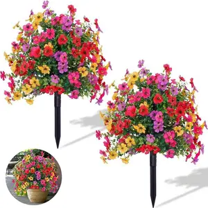 2 Bundles Artificial Flowers for Outdoor Indoor Garden Home Decoration, Plastic Faux Flowers, Faux Flower Daisy with Eucalyptus Leaves Faux Plants Greenery Boxwood Porch Patio
