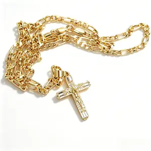 14K Gold Plated Jesus Crucifix Pendant Necklace, 23.62 Inch Copper Figaro Chain (60cm), Cubic Zirconia Inlaid Cross Necklace for Men Women Catholic Religious Jewelry