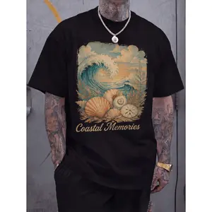 Vintage Coastal Wave And Seashell Graphic Tee Ocean Sunset Illustration On Black Casual Wear Unisex Top Summer Beach Shirt Nautical Aesthetic Printed Tee Trendy Streetwear Soft Fabric Comfortable Everyday Nostalgic Coastal Memories Art