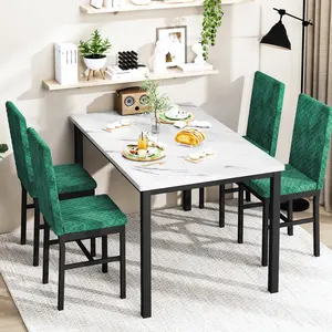 5-Piece Dining Table And Chair Sets, Mid-Century Modern Style Faux Marble Table Top Dining Room Table Set With 4 Diamond Stitching Upholstered Chairs, 4 Person Breakfast Dining Set With Sturdy Metal Frame For Small Spaces