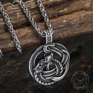 GTHIC Vintage Viking Coiled Dragon Pendant Statement Stainless Steel Animal Jewelry for Men Women Birthday Gift