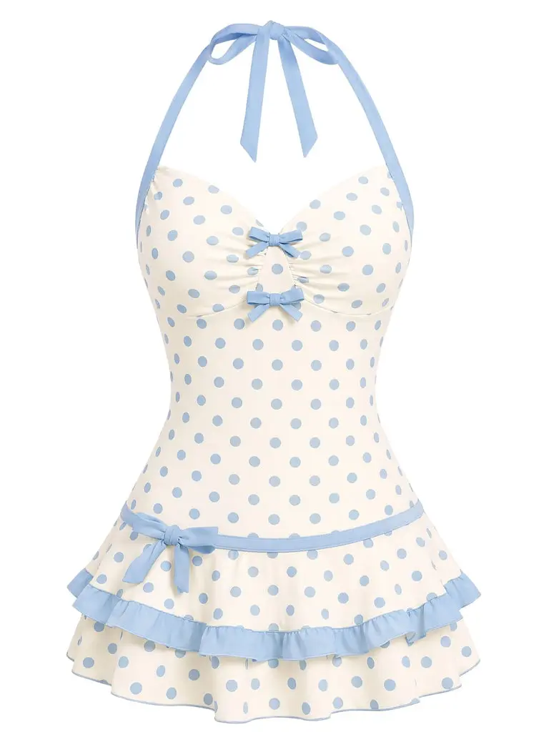 Blue & White 1940s Polka Dot Halter Bow One-Piece Swimdress Vintage Swimsuit Fashion Swimwear tiktokshopbacktoschool BackToSchool