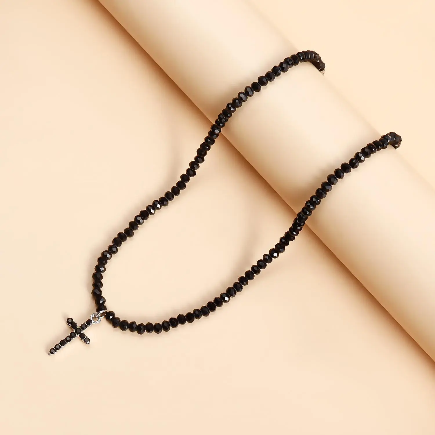 Simple Black Beads Necklace with Cross Pendant Female Jewelry Luxury Rhinestone Choker Necklaces Women Ladies Party Necklace