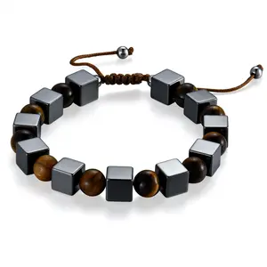 OIDEA Magnetic Tiger Eye Stone Beaded Bracelet for Men, Adjustable Drawstring 8mm Natural Gemstone Buddha Bracelet