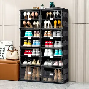 JEKO&JEKO 7 Tiers (6+1 Boots) Foldable Boot Storage Shoe Rack Cabinet for Closet Entryway, Large Collapsible Shoe Organizer with Magnetic Doors (Black)