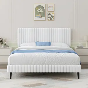 Queen Bed Frame, Upholstered Bed Frame With Headboard And Footboard, Vertical Channel Tufted Headboard, White/ Black/ Pink/ Green/ Blue, Twin/ Full/ Queen/ King, Bed Frames
