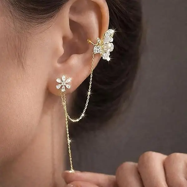 BloomWish S Gold Chain Duster Earrings Rhinestone Flower Butterfly Earrings for Women Blingbling Spring Jewelry Gifts for Women with Chain and Ear Cuff
