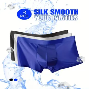 3pcs Mixed Color Men'S Icy Charm Cool Soft Comfy Seamless Boxers Briefs Underwear, Breathable Stretchy Trunks, Casual Plain Underwear Navy Black Gray Blue