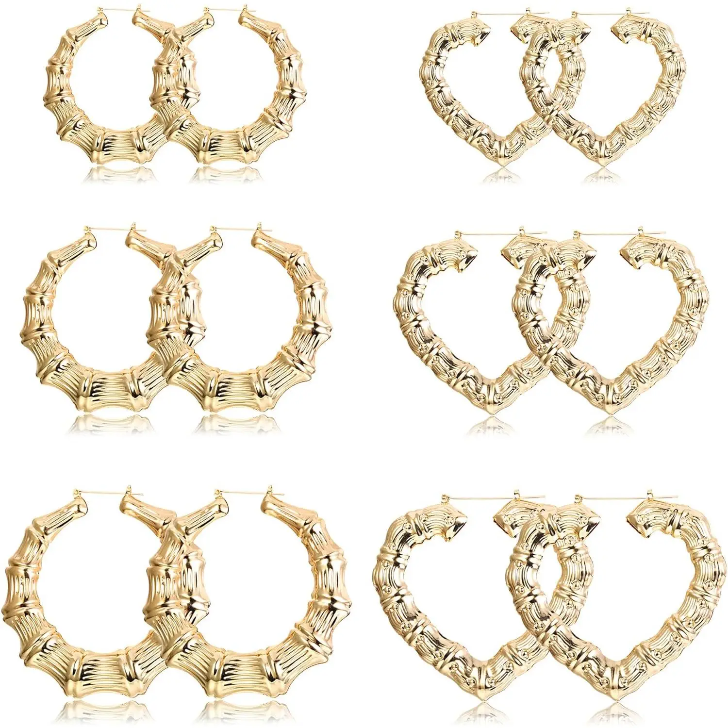 Jstyle 6Pairs Bamboo Earrings Set Hollow Casting Hip-Hop Large Bamboo Earring For Women Oversize Different Shape Hoop Earrings Set Fashion Rapper Acce