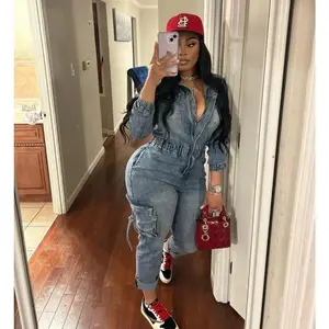 Women's Denim Jumpsuit with Pockets Elastic for Work & Street Casual Wear Tight Straight Leg Autumn Winter Fashion Stretch Denim Cargo Pants Jumpsuit