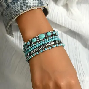 5pcs/set Western Cowboy Style Artificial Turquoise Series Fashion Elastic Beaded Bracelet Set, Suitable for Women or Men Daily Wear