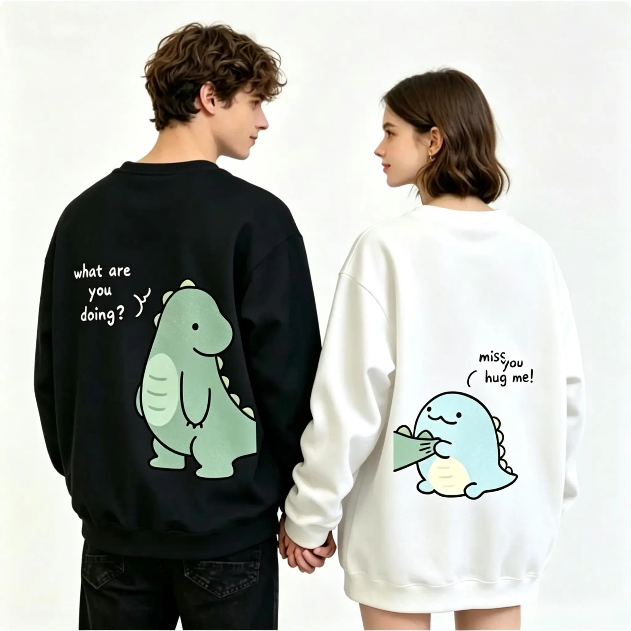 Women's Cute Dinosaur Print Thermal Polyester T-Shirt Hoodie, Unisex Cozy Cotton Pullover, Athletic Streetwear, Casual Fall Winter Couple Gift