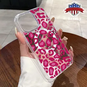 Pink Leopard Print Pattern Magnetic Phone Case for iPhone 15 16 14 Pro Max 13 12 11 XR XS Plus E Non-Yellowing Clear Crystal Drop-proof Slim Silicone Shockproof Transparent Acrylic Large Hole Cover Supports Wireless Charging Protective Cellphone Casing