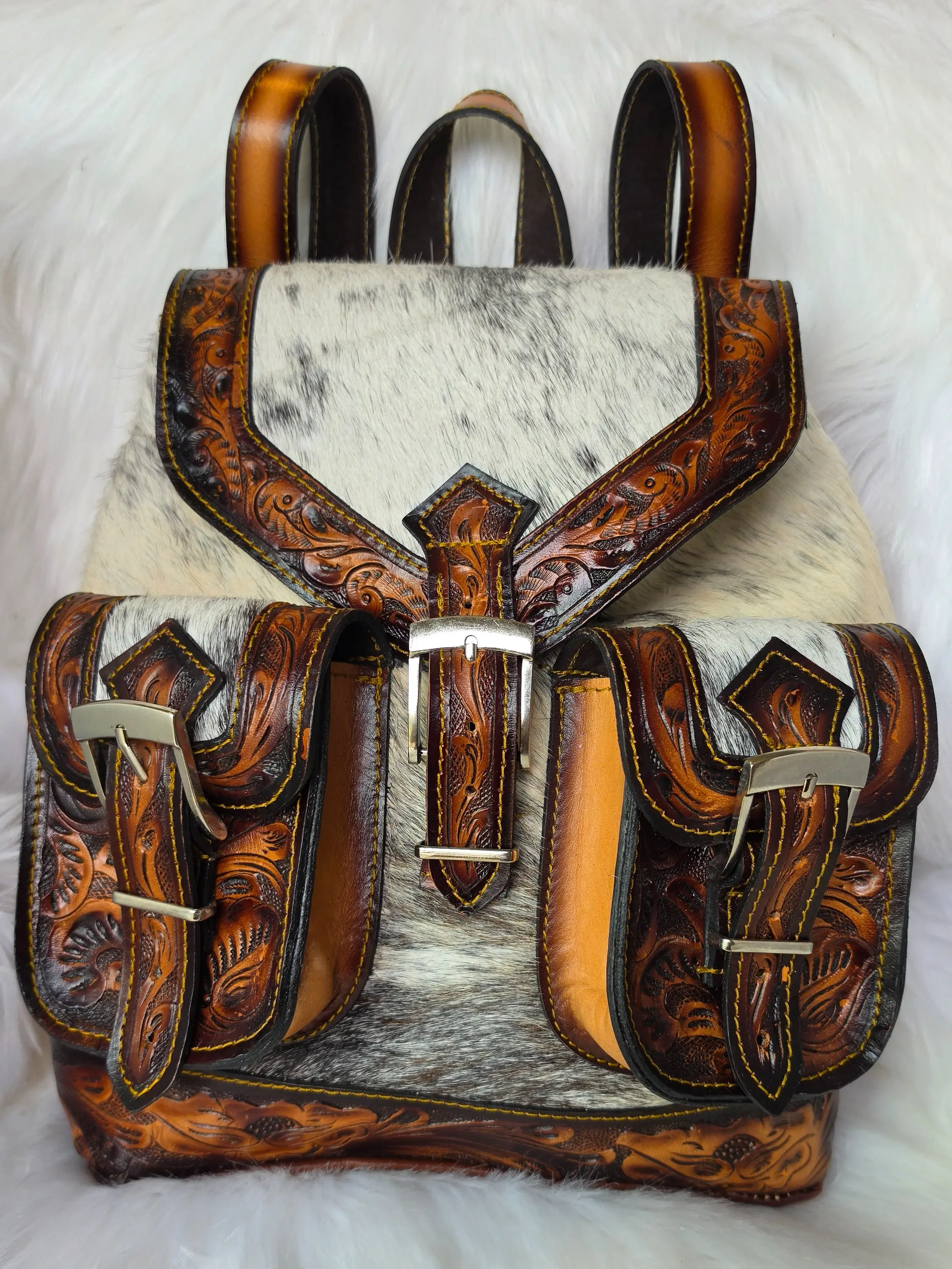 Hand-tooled Leather and Cowhide Buckle Western Style Backpack