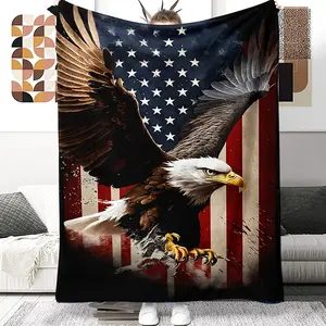 1 piece Patriotic Eagle American Flag Digital Printed Flannel Throw Blanket, Soft and Warm, Reversible, Suitable for All Seasons, Multifunctional, Knitted Polyester, Ideal for Sofa, Office, Bed, Camping, Travel, An Excellent Holiday Gift11