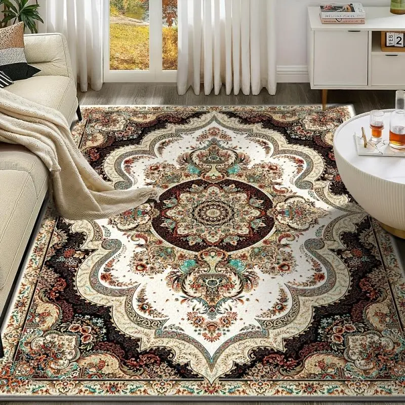 Velvet Area Rug, Cream & Brown Traditional Persian Medallion Non-Slip Washable Carpet for Living Room Bedroom Dining Room