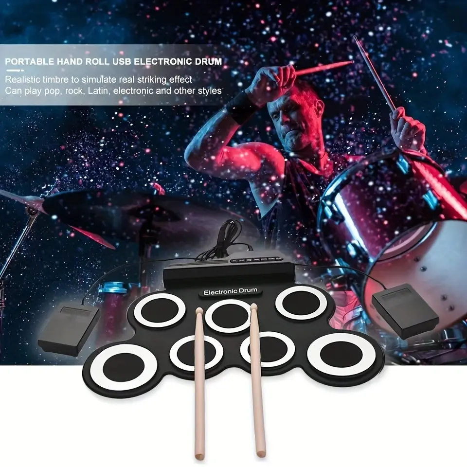 Portable Electronic Drum Kit, 1 Set Foldable Electric Drum with Other Accessories, Electric Drum Kit for Beginners