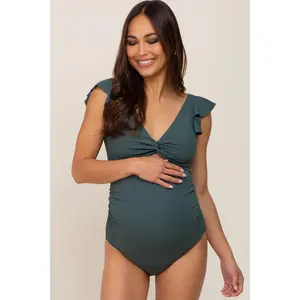 Green Ribbed Cutout Flutter One Piece Maternity Swimsuit