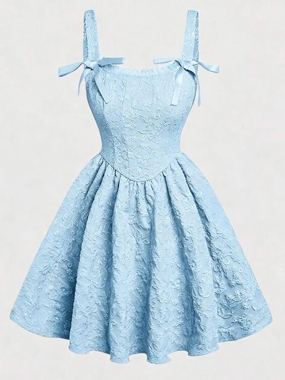 Tween Girl Light Blue Jacquard Cami Dress With Bow Knot | Elegant Summer Party Prom, Floral Formal Occasion