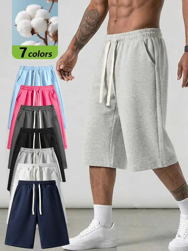 Men's basic solid-color cropped pants, thin style for summer, soft and skin-friendly, loose fit for daily casual wear. Suitable for fitness and walking, durable and not easily deformed, perfect for summer outdoor activities, daily use and vacation.