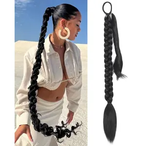 Braided Ponytail Extension with Hair Tie,  Braid Black Ponytail Extension for Women, Extra Long Straight, 1 Pack 32 inch, Color #1b