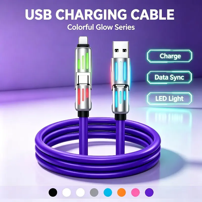 4 in 1 Multi Interface USB Cable, Rotatable LED Glow Data Sync Cord, Dual Port Universal Phone Cable, Soft Silicone Multi-Device Charging Cord for Android Smartphones